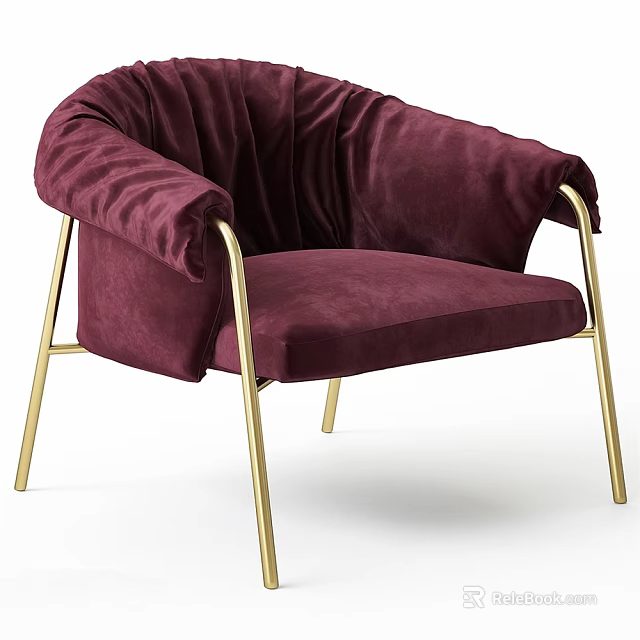 Modern Burgundy Velvet Armchair With Gold Metal Legs And Cozy Design 3d model 