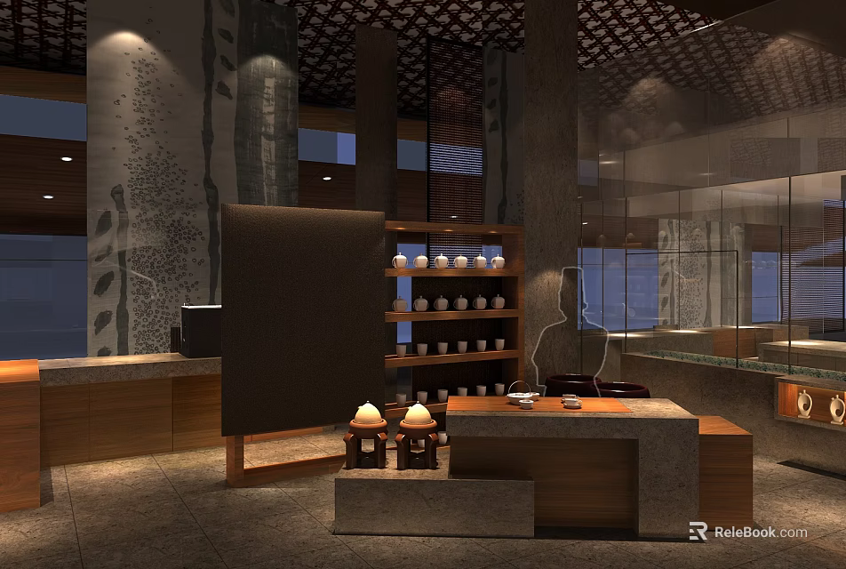Modern Restaurant Interior With Wooden Counter Display Shelves And Ambient Lighting 3d model 
