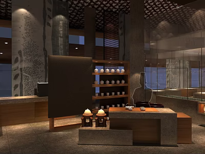 Modern Restaurant Interior With Wooden Counter Display Shelves And Ambient Lighting 3d model