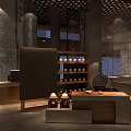 Modern Restaurant Interior With Wooden Counter Display Shelves And Ambient Lighting