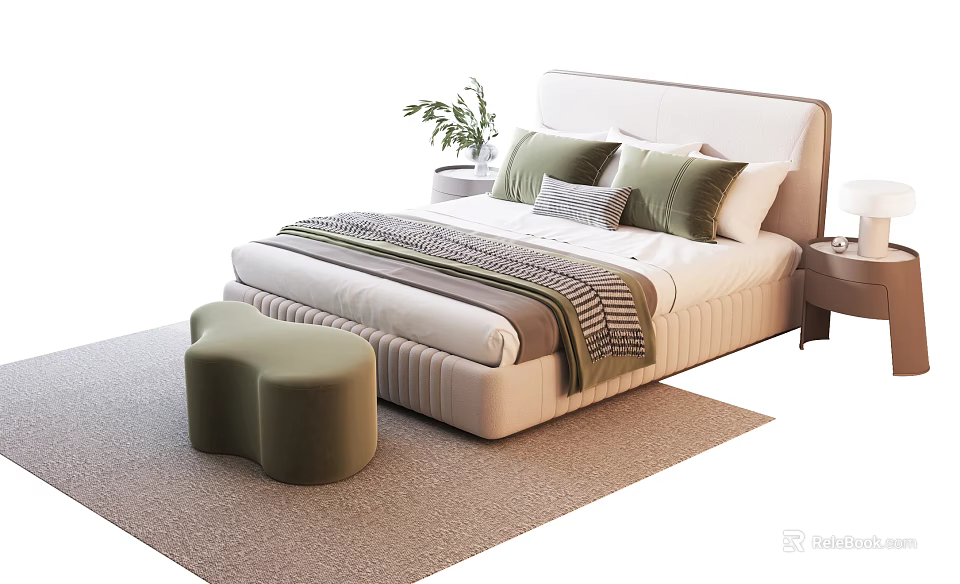 Double Bed with White Headboard Green Pillows Striped Blanket Ottoman Nightstand and Plant on Rug 3d model 