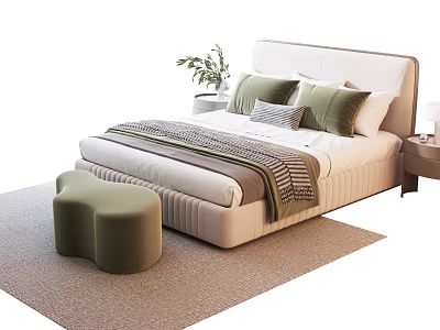 Double Bed with White Headboard Green Pillows Striped Blanket Ottoman Nightstand and Plant on Rug 3d model