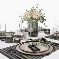 Elegant Dinnerware Set With Plates Cutlery Striped Placemats Decorative Bouquet And Glassware On Dining Table