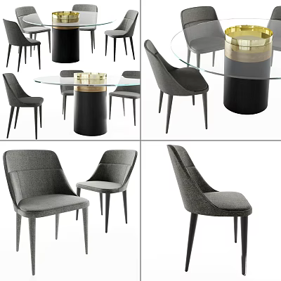 Modern Dining Table Set With Glass Top Black Legs And Gray Upholstered Chairs 3d model