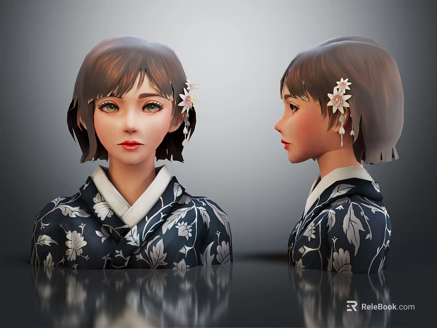 Traditional Japanese Character In Kimono With Short Hair Floral Hairpin Front Side View 3d model 