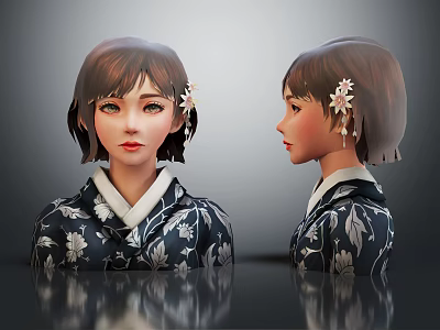 Traditional Japanese Character In Kimono With Short Hair Floral Hairpin Front Side View 3d model