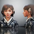 Traditional Japanese Character In Kimono With Short Hair Floral Hairpin Front Side View