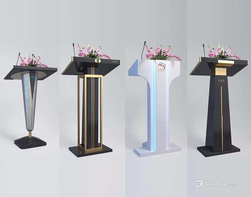 Modern Functional Podiums With Various Designs Microphones And Flower Arrangements 3d model 