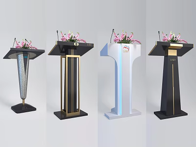 Modern Functional Podiums With Various Designs Microphones And Flower Arrangements 3d model