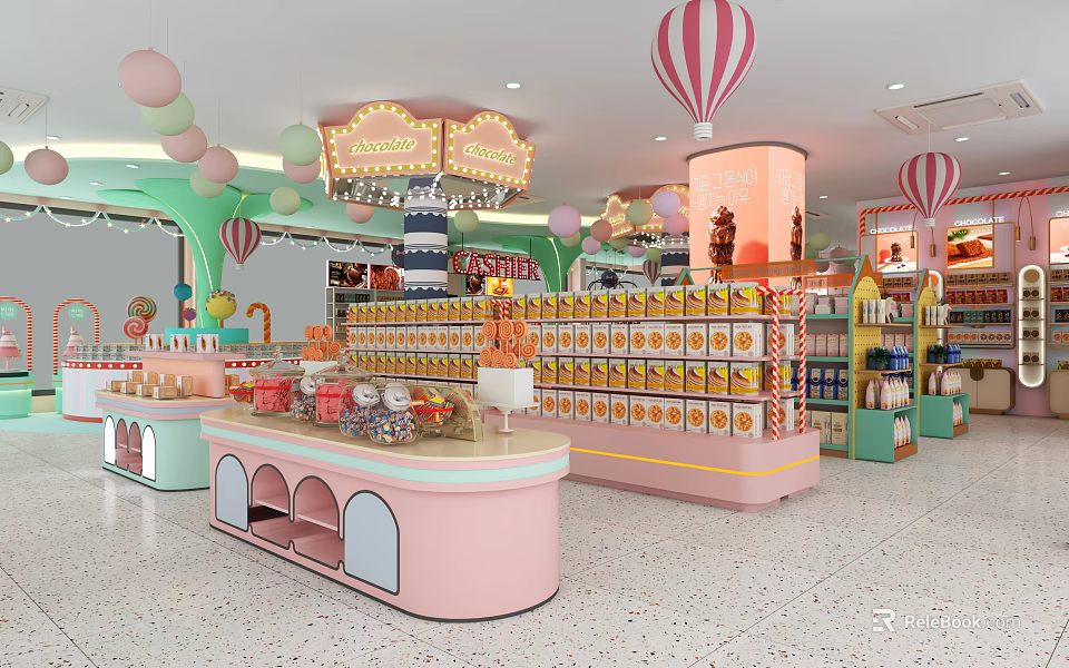 Candy Store With Pastel Colored Interior Balloon Decorations Pink Counter And Display Shelves 3d model 