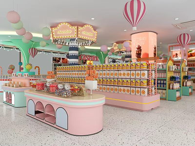 Candy Store With Pastel Colored Interior Balloon Decorations Pink Counter And Display Shelves 3d model
