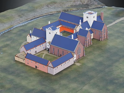 Architectural Model of Historical Buildings Complex With Colored Roofs Courtyard and Grassland Surroundings 3d model