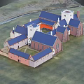 Architectural Model of Historical Buildings Complex With Colored Roofs Courtyard and Grassland Surroundings