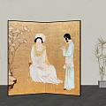 Traditional Oriental Screen With Classical Female Figures And Cherry Blossom Tree