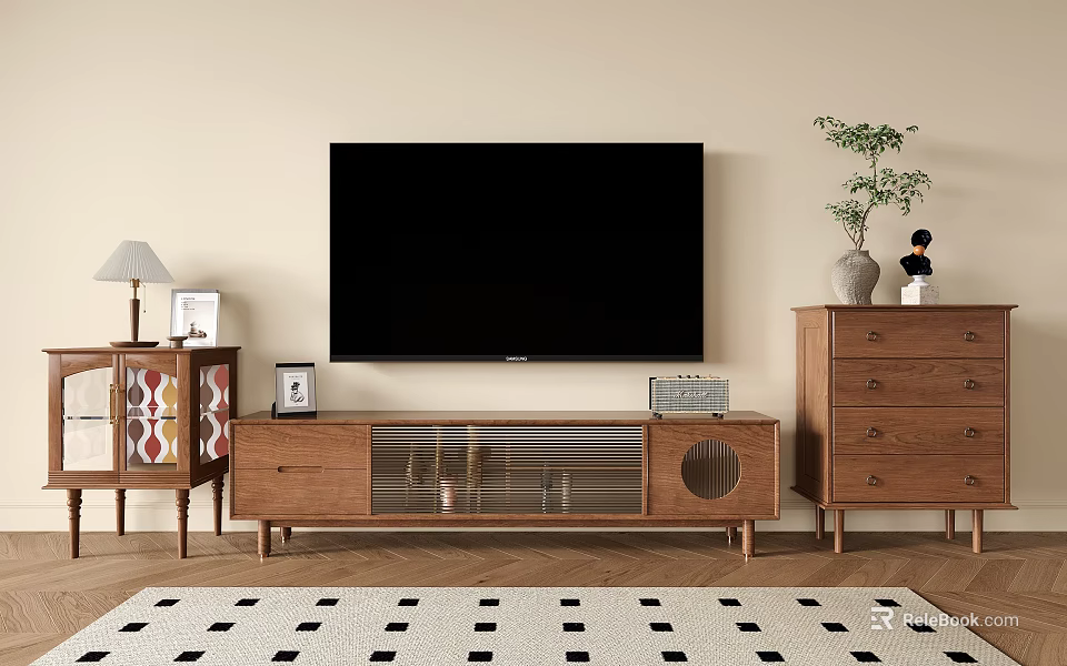 Modern Wooden TV Stand with Glass Doors and Storage in Living Room 3d model 