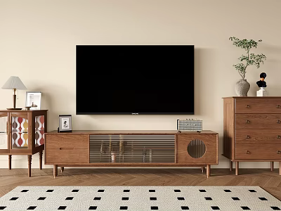 Modern Wooden TV Stand with Glass Doors and Storage in Living Room 3d model