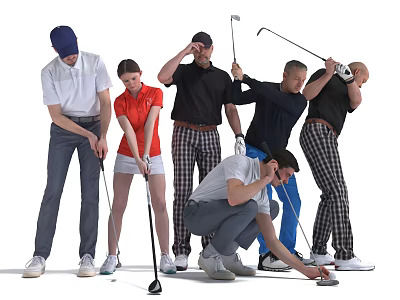 Group of People Practicing Golf With Various Swinging Clubs And Preparing To Hit Poses 3d model
