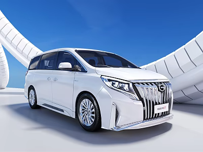 White MPV Car Modern Exterior Design Stylish Front Grille Against Blue Sky And Curved Architecture 3d model