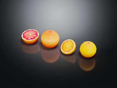 Sliced and Whole Citrus Fruits Blood Orange Orange and Lemon with Red and Orange Flesh 3d model
