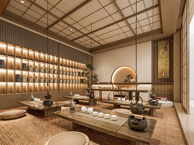 Traditional Japanese Style Tea Room Interior With Wooden Shelves Tatami Mats And Tea Sets 3d model