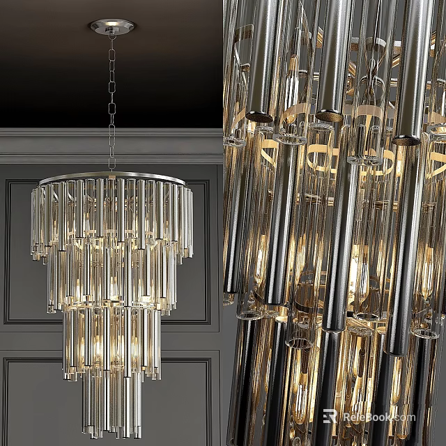 Modern Chandelier With Transparent Glass Tubes And Sleek Metal Frame Design 3d model 