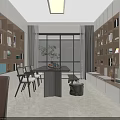 Modern Minimalist Dining and Living Room With Built in Bookshelves Dining Table Chairs and Skylight