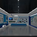 Modern Exhibition Hall Interior With Blue Display Walls Digital Screens Maps Lighting And Information Charts