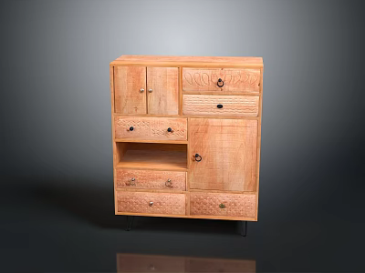 Classic Light Tone Wooden Storage Cabinet With Multiple Drawers And Carved Doors 3d model