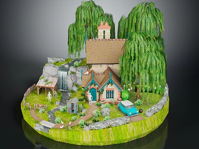 Whimsical Cartoon Scene with Cottage Weeping Willow Trees Waterfall Blue Car and Green Lawn 3d model