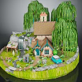 Whimsical Cartoon Scene with Cottage Weeping Willow Trees Waterfall Blue Car and Green Lawn