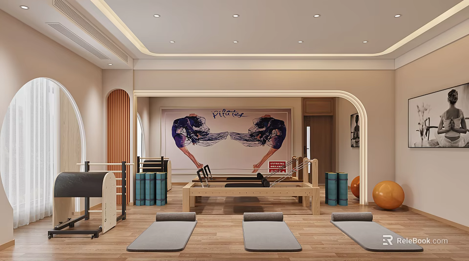 Fitness Studio Interior With Yoga Mats Pilates Reformer Poster And Exercise Ball 3d model 