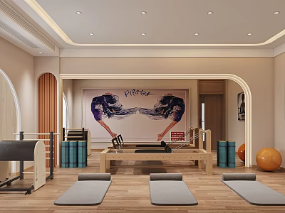 Fitness Studio Interior With Yoga Mats Pilates Reformer Poster And Exercise Ball 3d model