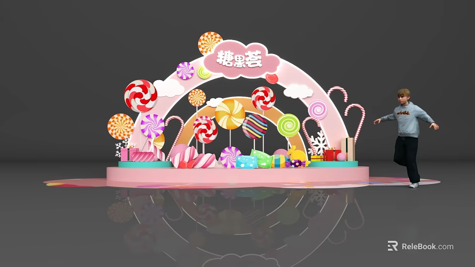 Candy Theme Photo Check in Spot With Rainbow Arch And Lollipop Decorations 3d model 
