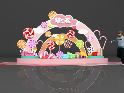 Candy Theme Photo Check in Spot With Rainbow Arch And Lollipop Decorations 3d model