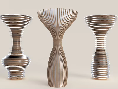 Three Modern Decorative Columns With Spiral Pattern Curved Shape And Wooden White Finish 3d model