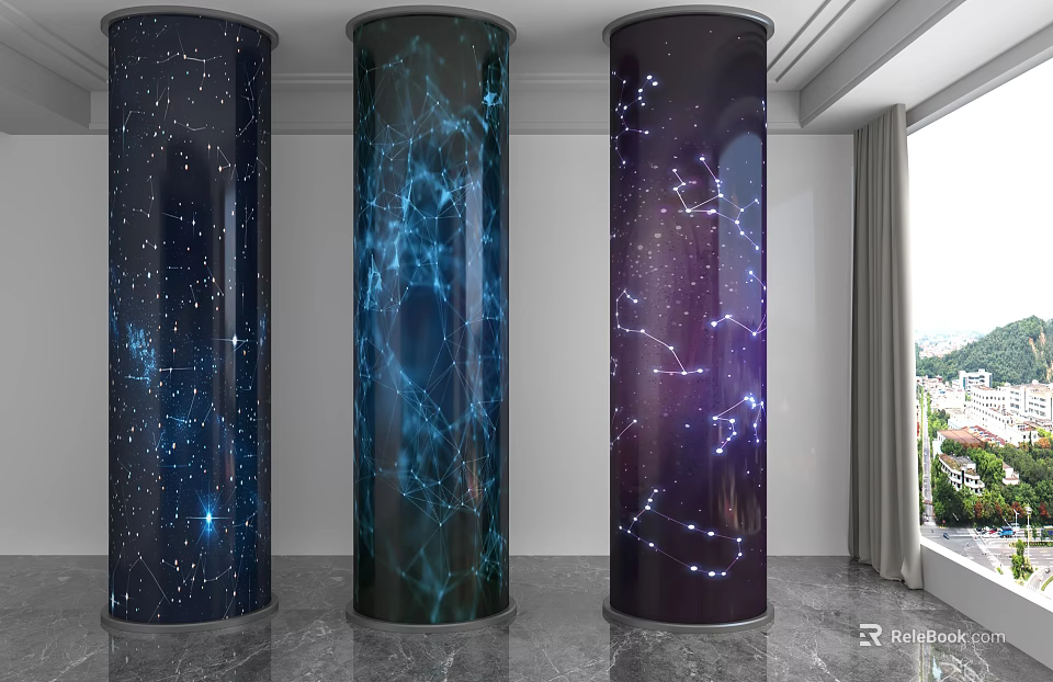 Three Decorative Columns Adorned With Starry Constellation Patterns In Modern Interior 3d model