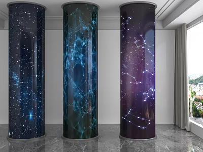 Three Decorative Columns Adorned With Starry Constellation Patterns In Modern Interior 3d model