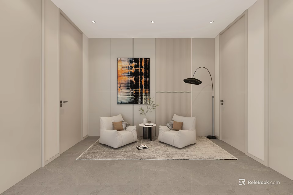 Minimalist Modern Interior Seating Area With Beige Armchairs Abstract Painting And Floor Lamp 3d model 