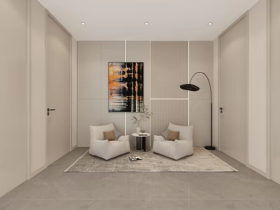 Minimalist Modern Interior Seating Area With Beige Armchairs Abstract Painting And Floor Lamp 3d model