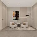 Minimalist Modern Interior Seating Area With Beige Armchairs Abstract Painting And Floor Lamp