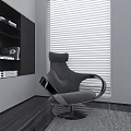 Modern Gray Accent Chair with Metal Frame Swivel Base and White Blinds Near Bookshelf