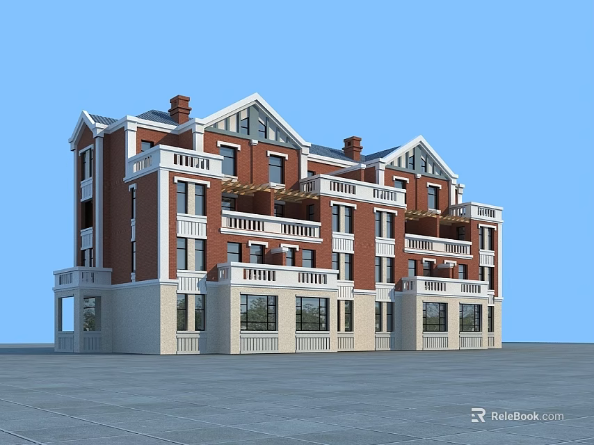Traditional Townhouse With Red Brick Exterior White Trim Multiple Balconies Sloped Roof And Chimneys 3d model 
