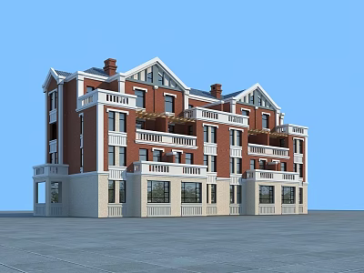 Traditional Townhouse With Red Brick Exterior White Trim Multiple Balconies Sloped Roof And Chimneys 3d model