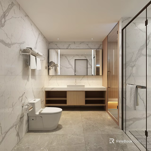 Other Bathroom Interior Design With Marble Walls Toilet Wooden Vanity And Glass Shower 3d model 