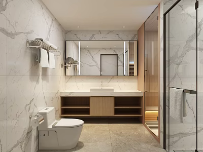 Other Bathroom Interior Design With Marble Walls Toilet Wooden Vanity And Glass Shower 3d model