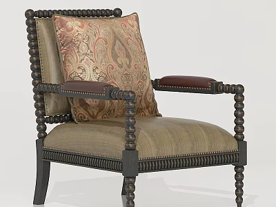 Elegant Beaded Black Frame Accent Chair With Beige Upholstery Patterned Cushion And Leather Armrests 3d model