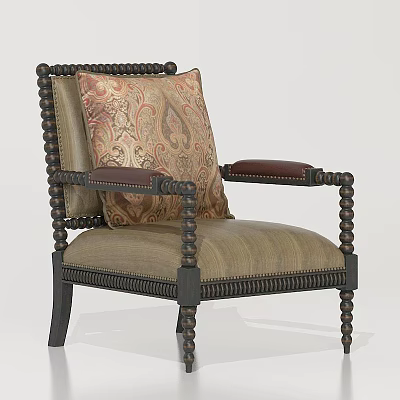 Elegant Beaded Black Frame Accent Chair With Beige Upholstery Patterned Cushion And Leather Armrests 3d model