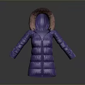 Purple Long Puffer Coat With Fur Lined Hood And Zipper Closure