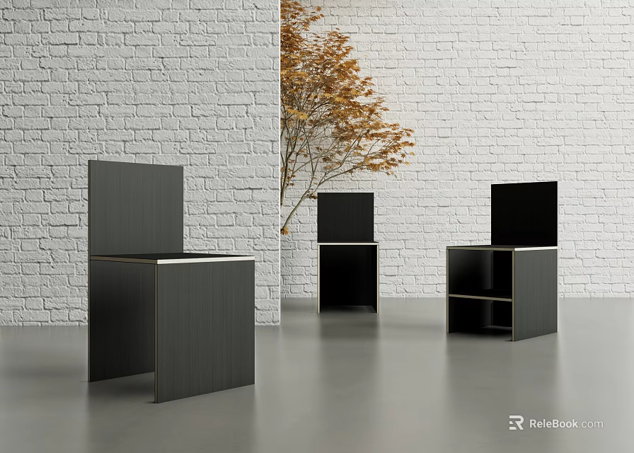 Modern Black Leisure Chairs In Interior With White Brick Wall And Yellow Leaf Plant 3d model 