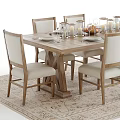 Wooden Dining Table Set With Beige Cushioned Chairs And Candle Holders Fruits Wine Glasses